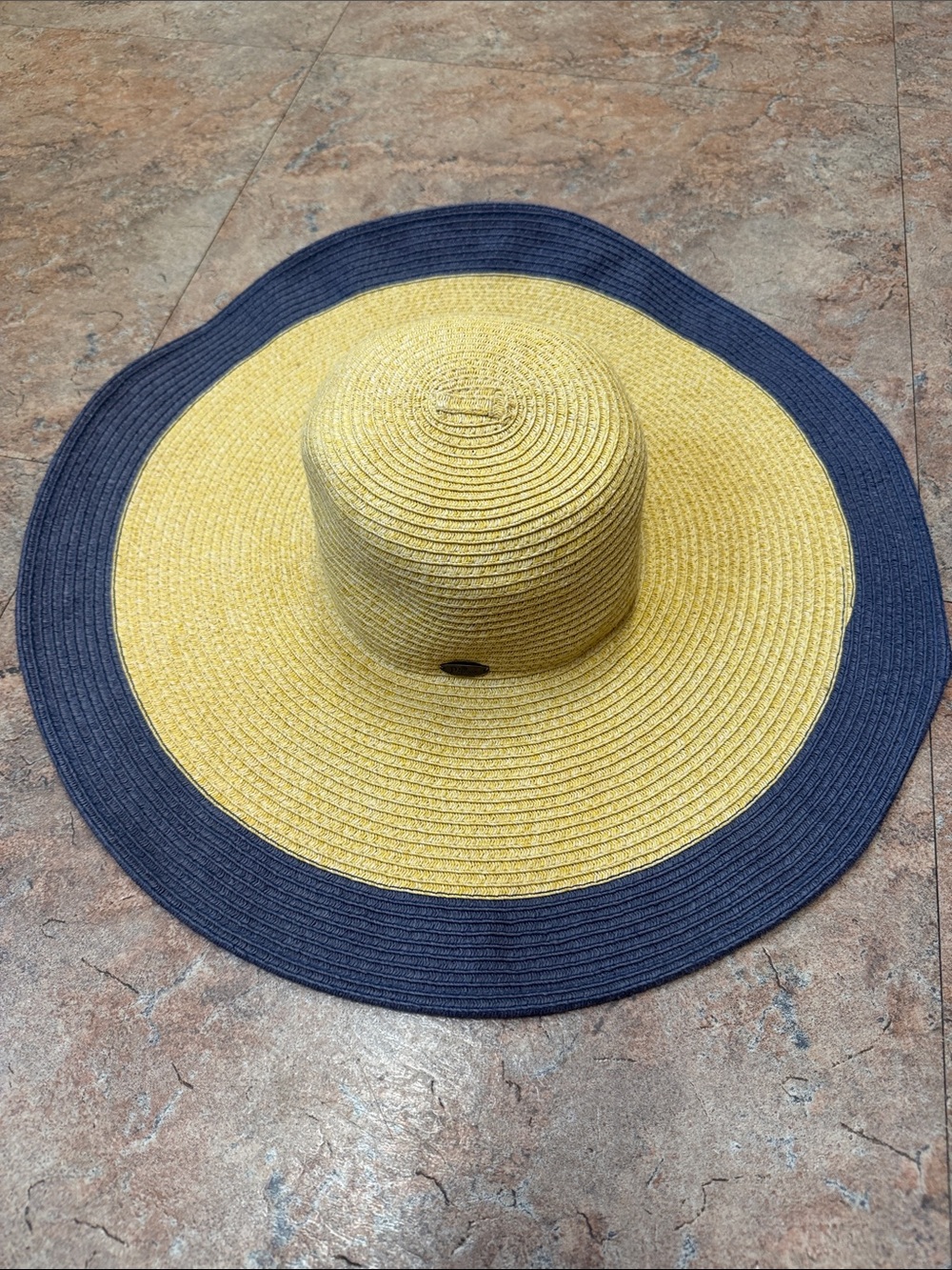 Wide-Brim Straw Sun Hat in Yellow with Navy Trim